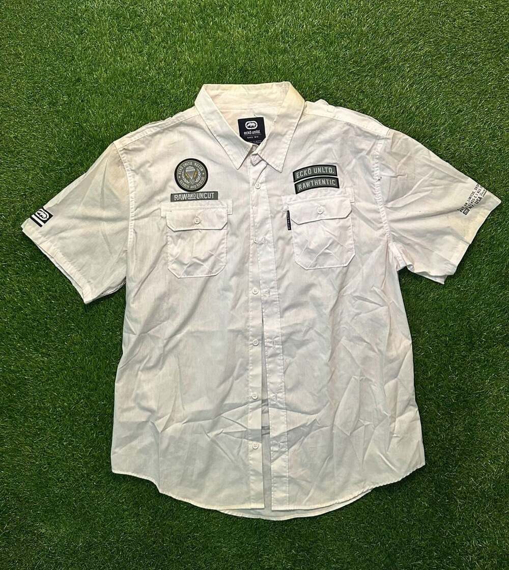 Ecko Unltd Short Sleeve Button Up Shirt Raw and Uncut Search and Rescue Patches